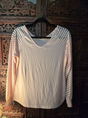 Light Pink Striped Sleeve V-Neck Women's Top